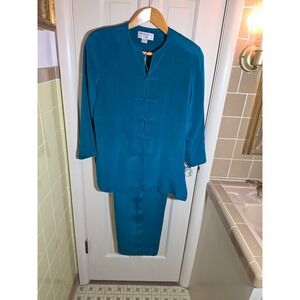 Adrianna Papell Silk Pant Set Womens 12P Teal Excellent Frog Button Mandarin